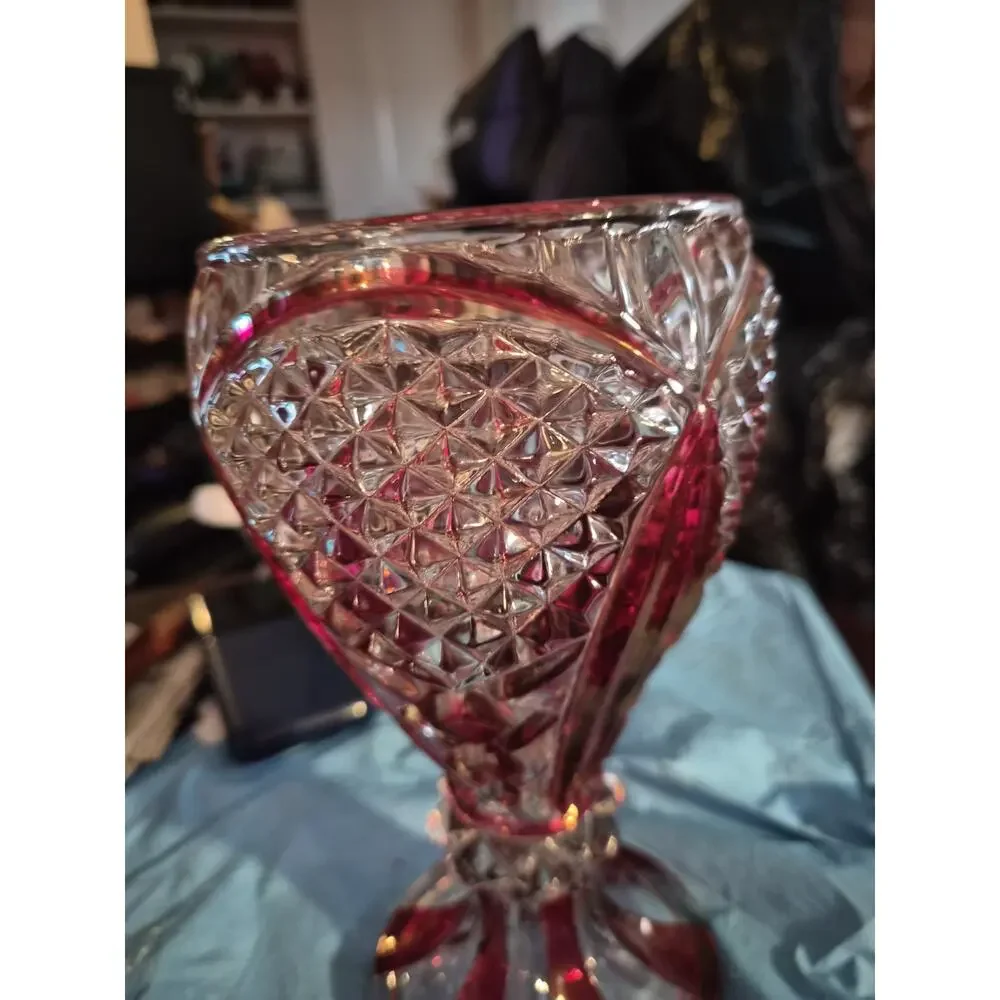 Vintage Indiana Glass Vase In The Diamond Point pattern With A Ruby Red...